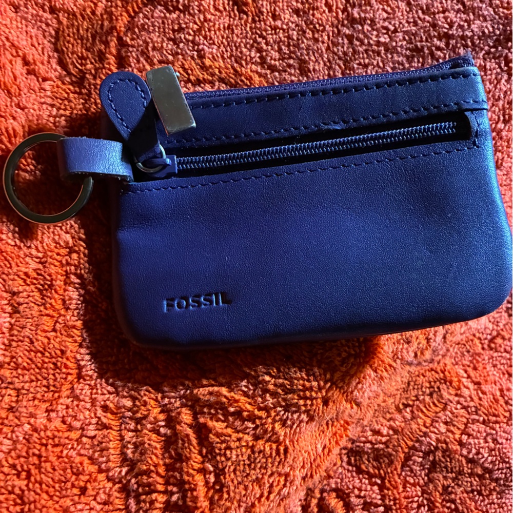 Fossil Royal Blue Leather Zip Card Case with Keyring